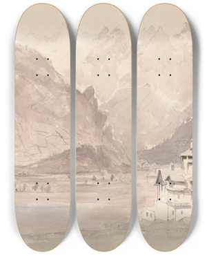 Triptych art skateboard deck of John Ruskin Swiss Mountainlandscape by John Ruskin (1819-1900)