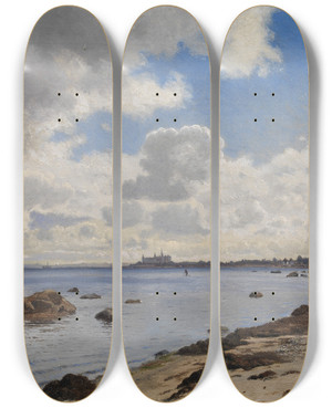 Triptych art skateboard deck of Vilhelm Kyhn Sjllands Nordkyst Med Udsigt Til Kronborg by Vilhelm Kyhn (1819-1903)