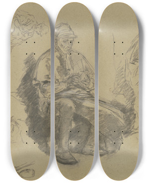 Triptych art skateboard deck of Anton Burger Sitzender Bauer Karten Spielend Berschauend Daneben Ein Rauchender Bauer by Anton Burger (1824-1905)