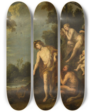 Triptych art skateboard deck of Follower Of Jacob Jordaens Judgement Of Midas by Follower Of Jacob Jordaens (1593-1678)