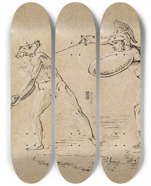 Triptych art skateboard deck of David Humbert De Superville Theseus En De Minotaurus by David Humbert De Superville (1770-1849)