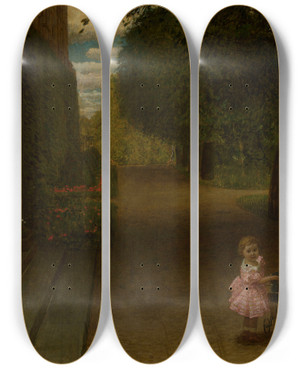 Triptych art skateboard deck of Leopold Von Kalckreuth In The Garden by Leopold Von Kalckreuth (1855-1928)