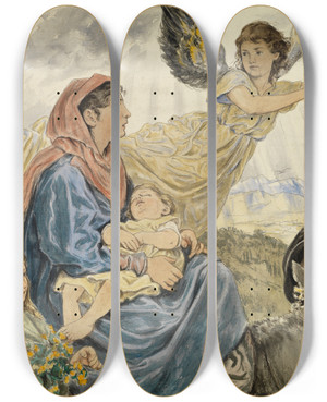 Triptych art skateboard deck of Hans Thoma Flucht Nach Gypten by Hans Thoma (1839-1924)