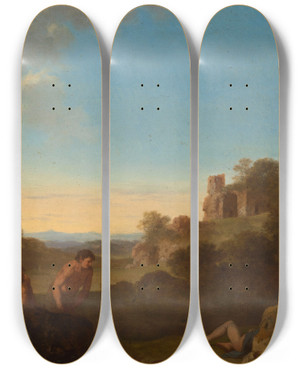 Triptych art skateboard deck of Cornelis Van Poelenburch Satyrs And Sleeping Nymphs Against Italian Landscape_2 by Cornelis Van Poelenburch (1594-1667)