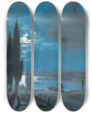 Triptych art skateboard deck of Thodore Gudin View Ofconstantinople by Theodore Gudin (1802-1880)