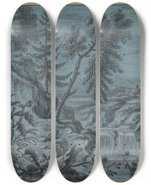 Triptych art skateboard deck of Ferdinand Kobell Southern Landscape With A Waterfall And Goats Late by Ferdinand Kobell (1740-1799)