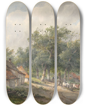Triptych art skateboard deck of Wijnand Nuijen Landschap Met Boerderijen En Vee by Wijnand Nuijen (1813-1839)