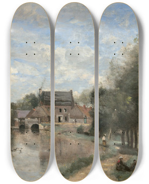 Triptych art skateboard deck of Jeanbaptistecamille Corot Arleuxdunord Le Moulin Drocourt Sur La Sense by Jean-Baptiste-Camille Corot (1796-1875)