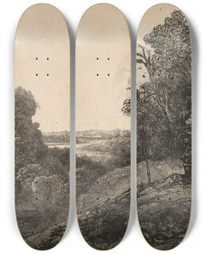 Triptych art skateboard deck of Rembrandt Van Rijn The Flight Into Egypt_3 by Rembrandt Van Rijn (1606-1669)