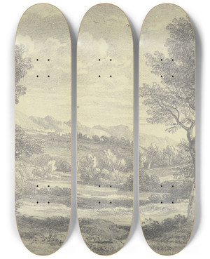 Triptych art skateboard deck of Ramsay Richard Reinagle Baumreiche Landschaft Mit Zwei Schafen Im Vordergrund by Ramsay Richard Reinagle (1775-1862)