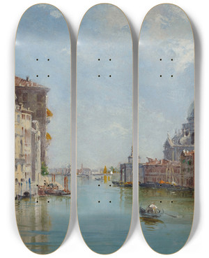 Triptych art skateboard deck of Antonietta Brandeis A Gondola Near Santa Maria Della Salute by Antonietta Brandeis (1848-1926)