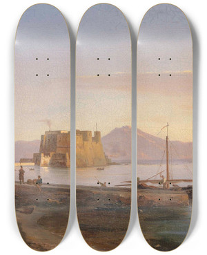 Triptych art skateboard deck of Antonie Sminck Pitloo Fishermen Castel Dell Ovo Naples by Antonie Sminck Pitloo (1790-1837)