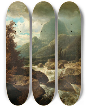 Triptych art skateboard deck of Adolf Chwala A View Of Lake Hintersee Ramsauer Ache In The Background Mount Halskopf by Adolf Chwala (1836-1900)