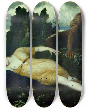 Triptych art skateboard deck of Arnold Bcklin Sleeping Diana Watched By Two Fauns by Arnold Bocklin (1827-1901)