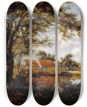 Triptych art skateboard deck of Meindert Hobbema Wooded Landscape With A Watermill_2 by Meindert Hobbema (1638-1709)