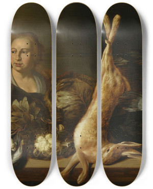 Triptych art skateboard deck of Elias Vonck Stand With Vegetables And A Hare by Elias Vonck (1605-1652)