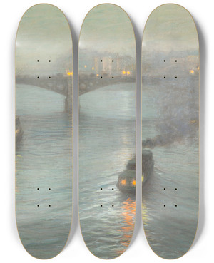 Triptych art skateboard deck of Birge Harrison Evening On The Seine by Birge Harrison (1854-1929)