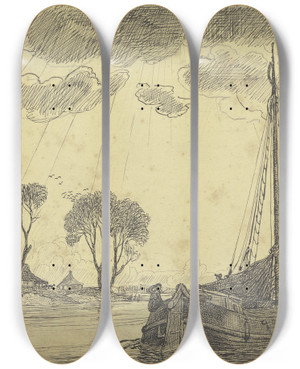 Triptych art skateboard deck of Fritz Boehle Ship On The Main by Fritz Boehle (1873-1916)