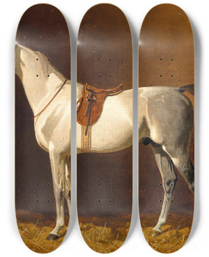 Triptych art skateboard deck of Emil Volkers A White Horse In A Stable_1 by Emil Volkers (1831-1905)