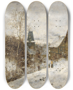 Triptych art skateboard deck of Paul Baum Oberweimar Im Winter by Paul Baum (1859-1932)