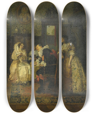 Triptych art skateboard deck of Franois Brunery The Prospective Suitor by Francois Brunery (1849-1926)