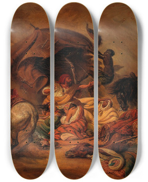 Triptych art skateboard deck of Johann Hermann Kretzschmer A Caravan In The Desert In A Simoom by Johann Hermann Kretzschmer (1811-1890)
