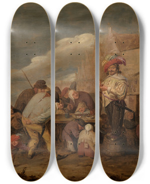 Triptych art skateboard deck of Adriaen Brouwer The Quack Doctor by Adriaen Brouwer (1605-1638)