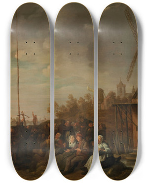 Triptych art skateboard deck of Jan Miense Molenaer Shoot For A Prize by Jan Miense Molenaer (1610-1668)