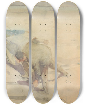 Triptych art skateboard deck of Pieter Josselin De Jong Arbeiders Bezig Met Het Opbreken Van Rails by Pieter Josselin De Jong (1861-1906)