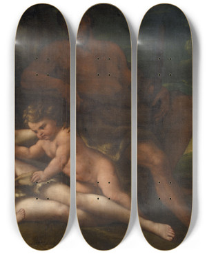 Triptych art skateboard deck of Nicola Vaccaro Adam And Eve With Cain And Abel by Nicola Vaccaro (1634-1709)