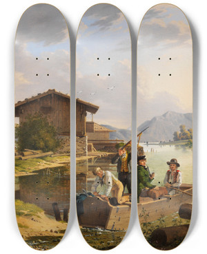 Triptych art skateboard deck of Carl Friedrich Heinzmann Blick Auf Den Walchensee by Carl Friedrich Heinzmann (1795-1846)