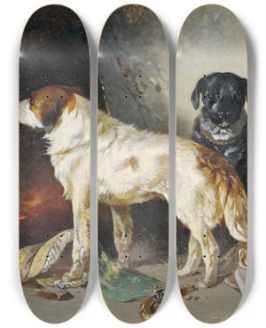 Triptych art skateboard deck of Carl Pischinger Zwei Hunde Mit Einer Kleiderkiste by Carl Pischinger (1823-1886)