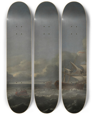 Triptych art skateboard deck of Jan Theunisz Blanckerhoff Men Of War In A Stiff Breeze by Jan Theunisz Blanckerhoff (1628-1699)