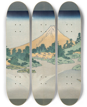 Triptych art skateboard deck of Katsushika Hokusai Thirtysix Views Of Mt Fuji The Surface Of Lake Misaka In Kai Province by Katsushika Hokusai (1760-1849)