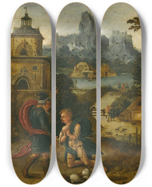 Triptych art skateboard deck of Lucas Gassel A Landscape With The Return Of The Prodigal Son by Lucas Gassel (1490-1568)