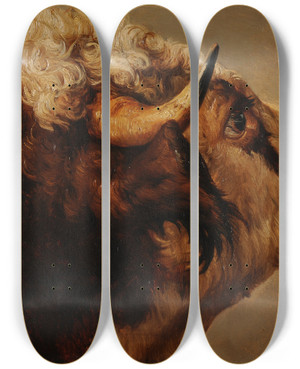 Triptych art skateboard deck of Jacquesraymond Brascassat Tte De Vache_2 by Jacques Raymond Brascassat (1804-1867)