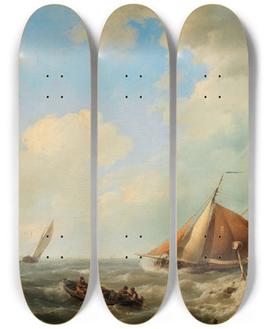 Triptych art skateboard deck of Hermanus Koekkoek Fishermen On The Shore by Hermanus Koekkoek (1815-1882)