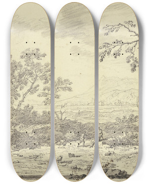 Triptych art skateboard deck of Jan Van Huysum Landschaft Mit Ruinen Vorne Ein Hirte Bei Schafen by Jan Van Huysum (1682-1749)