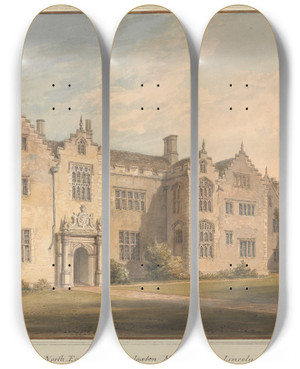 Triptych art skateboard deck of John Buckler North East View Of Harlaxton Manor House Lincolnshire by John Buckler (1770-1851)