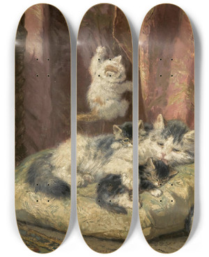 Triptych art skateboard deck of Henritte Ronnerknip Kittens At Play_3 by Henritte Ronner-Knip (1821-1909)