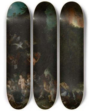 Triptych art skateboard deck of Jan Brueghel The Elder The Temptation Of Saintanthony by Jan Brueghel The Elder (1568-1625)
