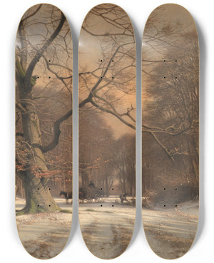 Triptych art skateboard deck of Frederik Rohde Vinterlandskab Motiv Fra Jgersborg Dyrehave by Frederik Rohde (1816-1886)