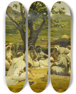 Triptych art skateboard deck of Horace Vernet The Arab Taleteller by Horace Vernet (1789-1863)