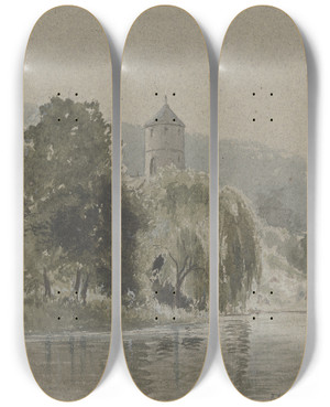 Triptych art skateboard deck of Friedrich Ernst Morgenstern By The Tauber Near Wertheim by Friedrich Ernst Morgenstern (1853-1919)