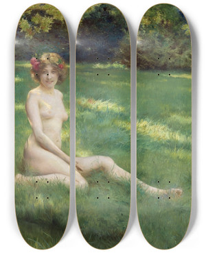 Triptych art skateboard deck of Julius Leblanc Stewart Un Nu Sur La Pelouse by Julius Leblanc Stewart (1855-1919)