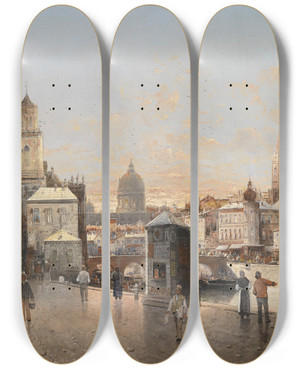 Triptych art skateboard deck of August Von Siegen Stadtansicht_1 by August Von Siegen (1850-1910)
