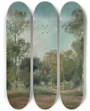 Triptych art skateboard deck of Stanislas Lpine Paysage Bois by Stanislas Lepine (1835-1892)