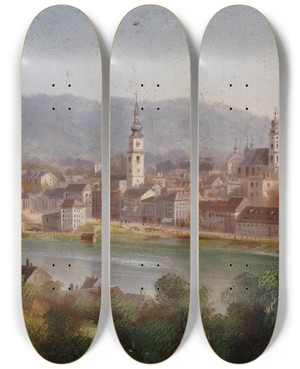 Triptych art skateboard deck of Hubert Sattler Blick Auf Linz by Hubert Sattler (1817-1904)
