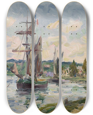 Triptych art skateboard deck of Henry Moret Bateaux Dans La Rade by Henry Moret (1856-1913)