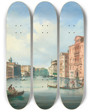 Triptych art skateboard deck of Carlo Grubacs Venice A View Of The Grand Canal With Palazzo Cavallifranchetti And Palazzo Barbaro by Carlo Grubacs (1812-1870)